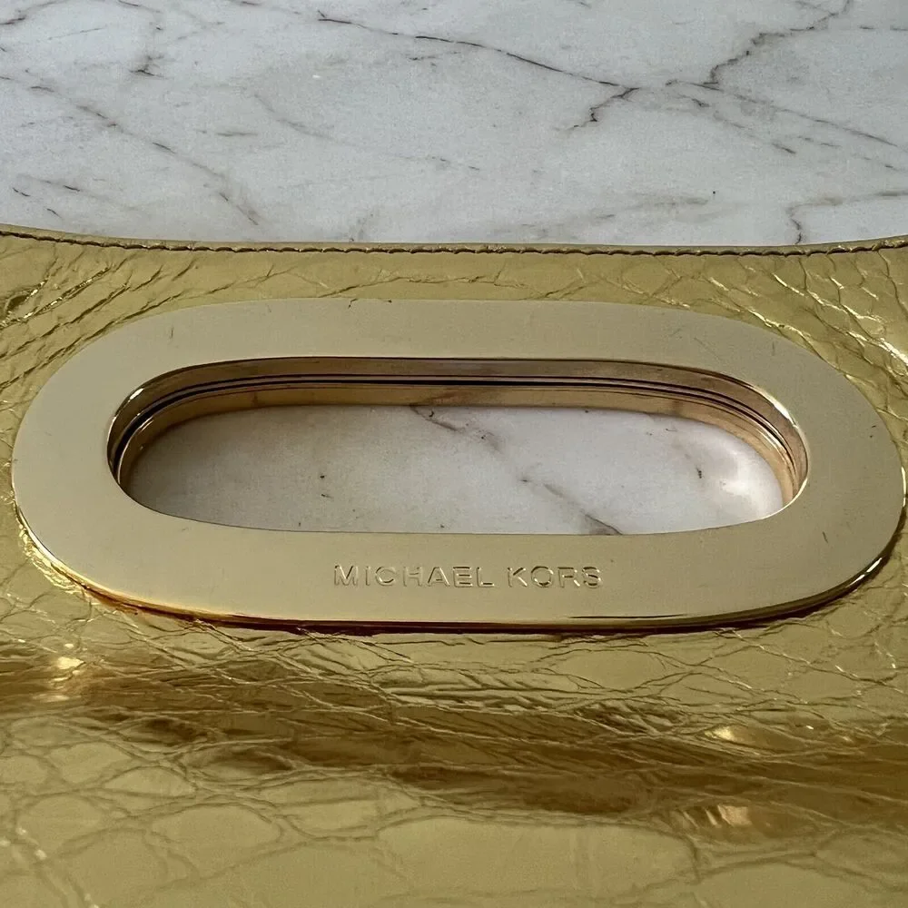 MICHAEL KORS Berkeley Metallic Gold Genuine Leather Snake Skin Print Clutch Bag
